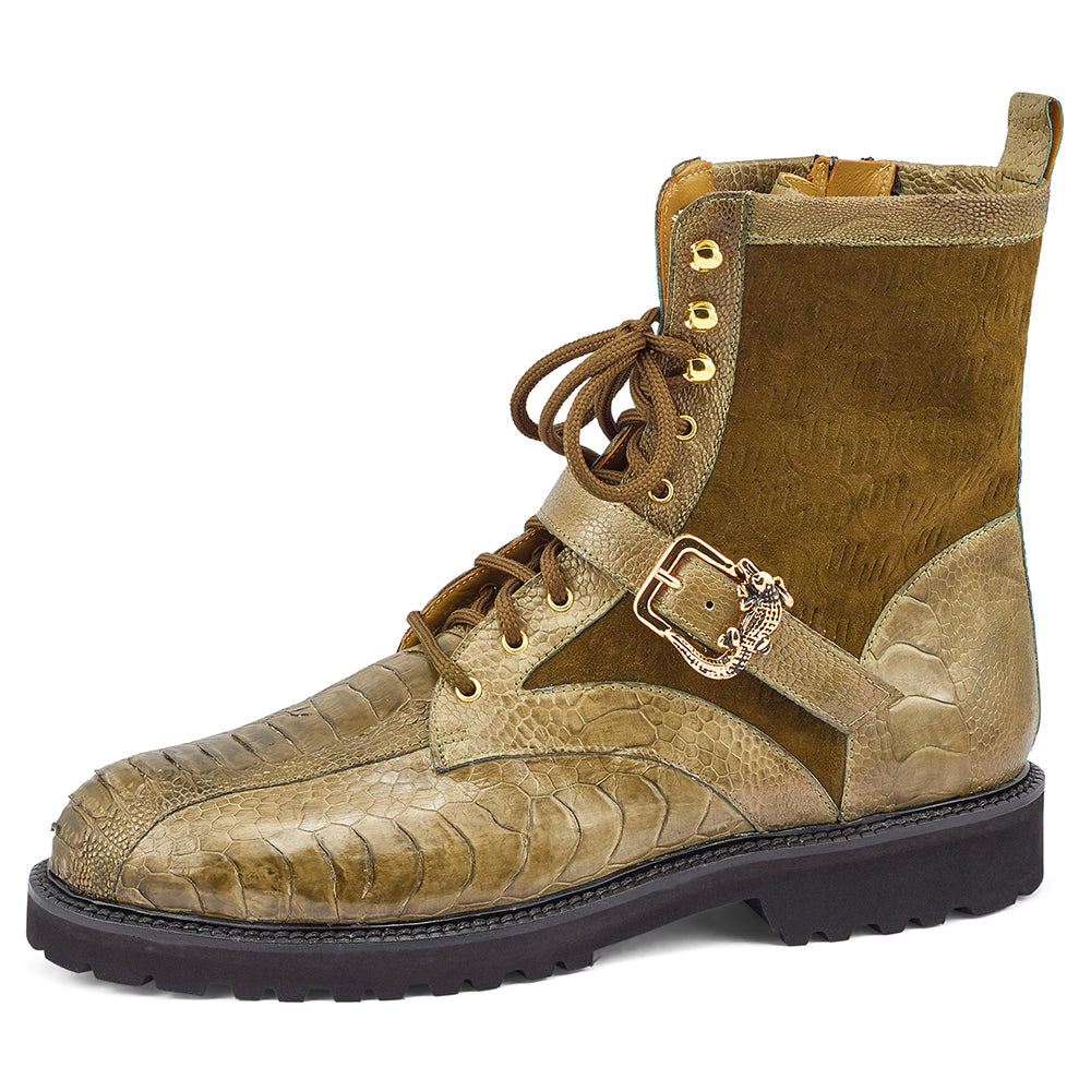 Mauri Soldier 4997 Ostrich Leg & Suede Embossed Boots Money Green