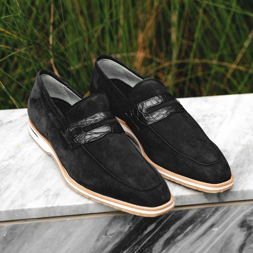 Zelli Meo 3 Suede Goatskin / Crocodile Loafers Black (11-020-BLK)