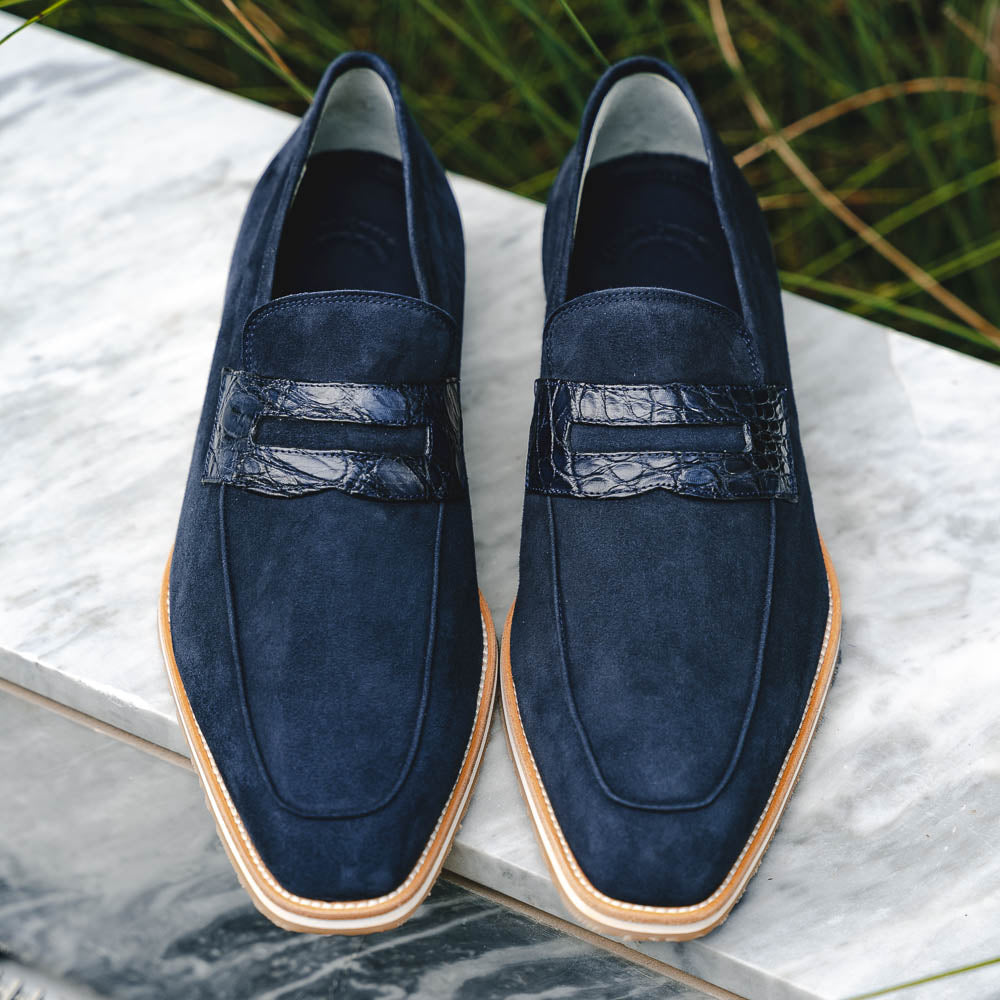 Zelli Meo 3 Suede & Crocodile Loafers Navy (11-020-NVY)