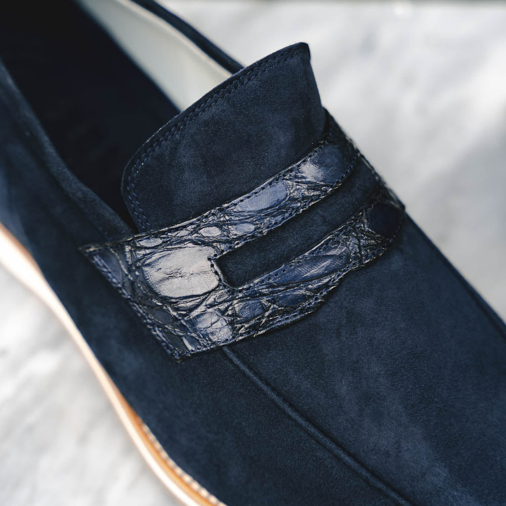 Zelli Meo 3 Suede & Crocodile Loafers Navy (11-020-NVY)
