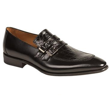 Mezlan Berenger Crocodile & Calfskin Double Monk Strap Shoes Black