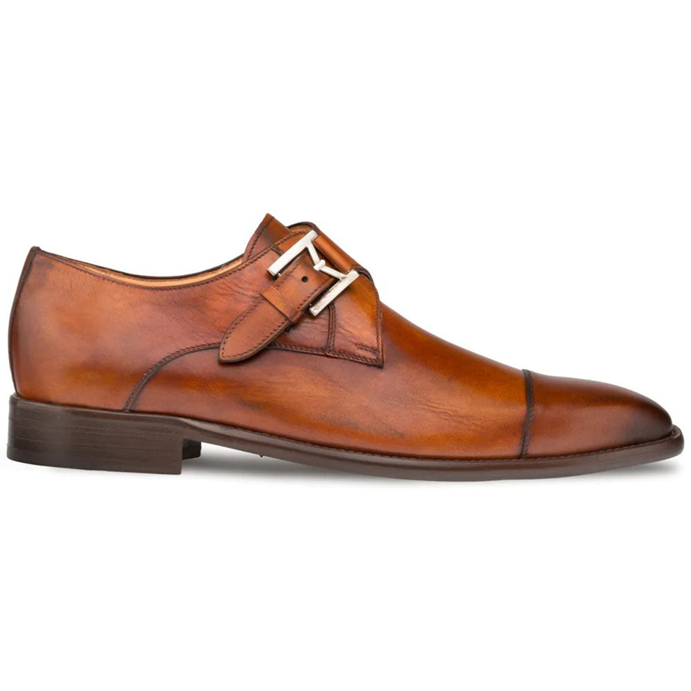 Mezlan Calfskin Cap Toe Monkstrap Shoes Cognac