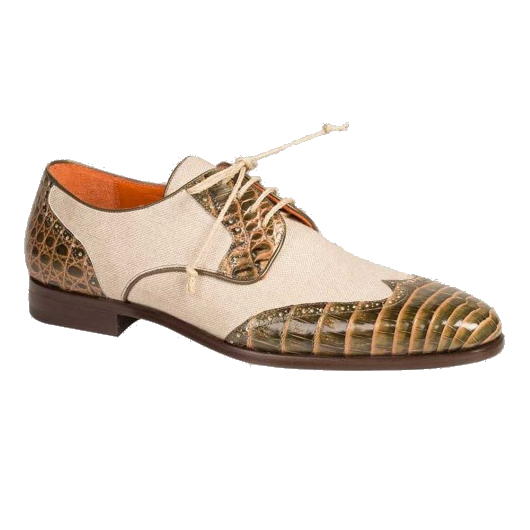 Mezlan Nola Crocodile & Linen Wingtip Shoes Olive / Bone