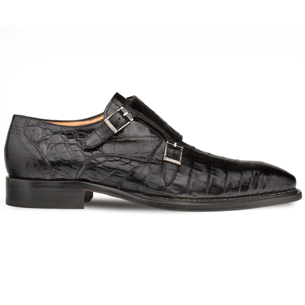 Mezlan Prague Crocodile Double Monk Strap Shoes Black