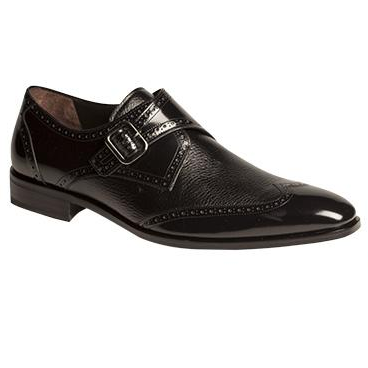 Mezlan Senator Deerskin & Calfskin Wingtip Monk Strap Shoes Black
