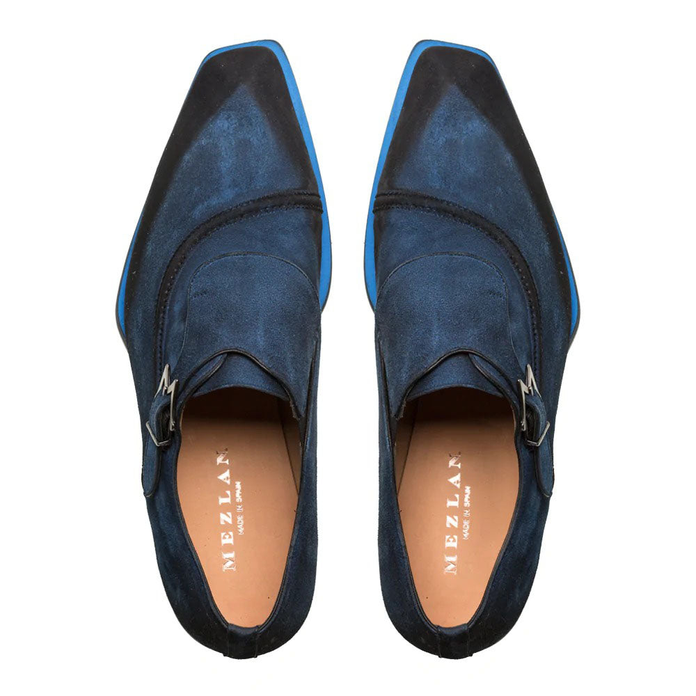Mezlan Suede Asymmetrical Monkstrap Shoes Blue