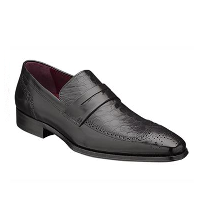 Mezlan Treviso Crocodile & Calfskin Wingtip Loafers Black