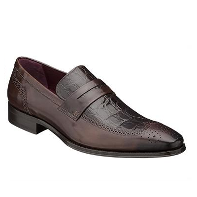 Mezlan Treviso Crocodile & Calfskin Wingtip Loafers Brown