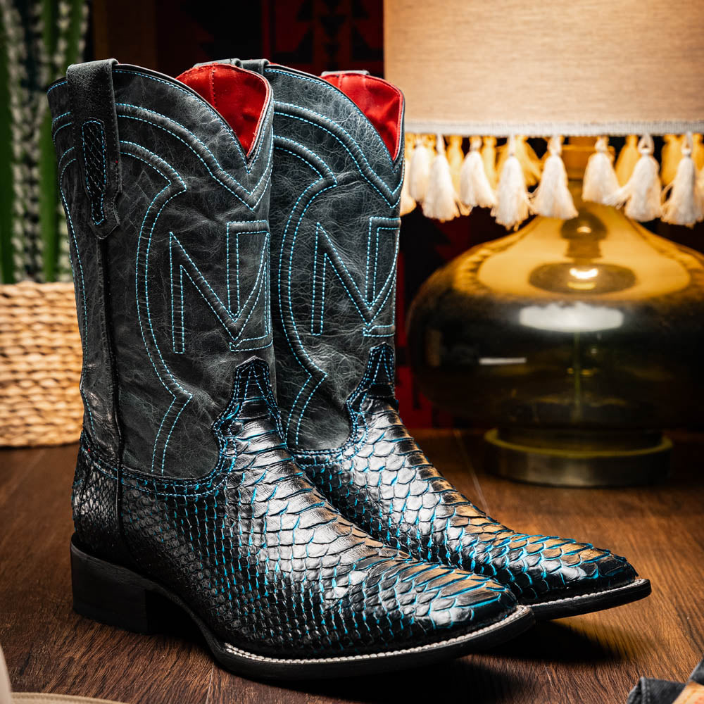 Marco Di Milano Missouri Python Square Toe Cowboy Boot Black / Blue
