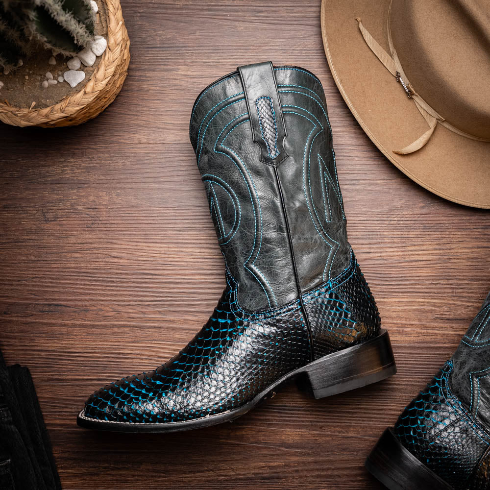 Marco Di Milano Missouri Python Square Toe Cowboy Boot Black / Blue