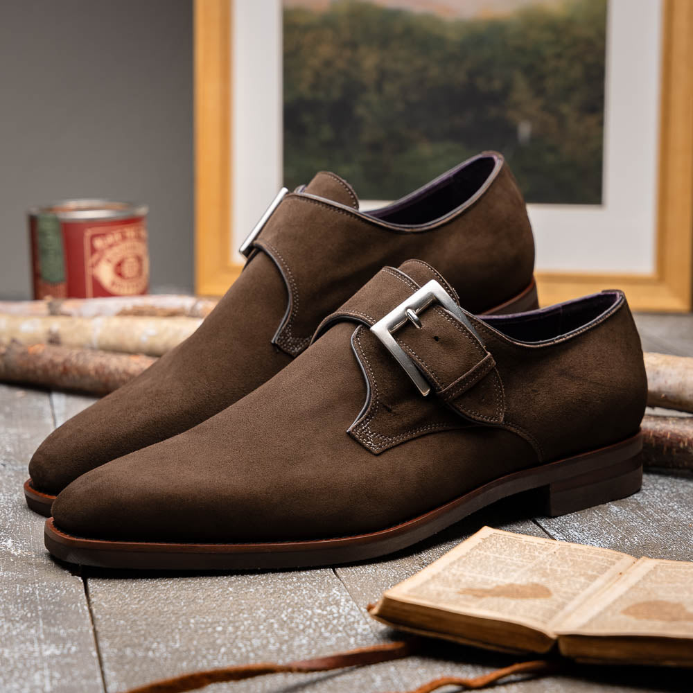 Zelli Hebilla Italian Suede Monk Strap Dark Brown (56-110-DBR)