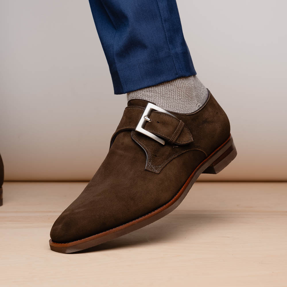 Zelli Hebilla Italian Suede Monk Strap Dark Brown (56-110-DBR)