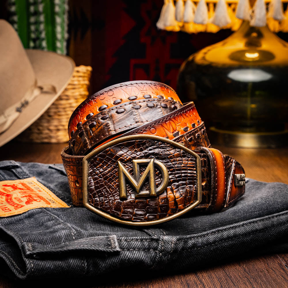 Marco Di Milano Montana Caiman Crocodile & Calfskin Belt Aged Brown