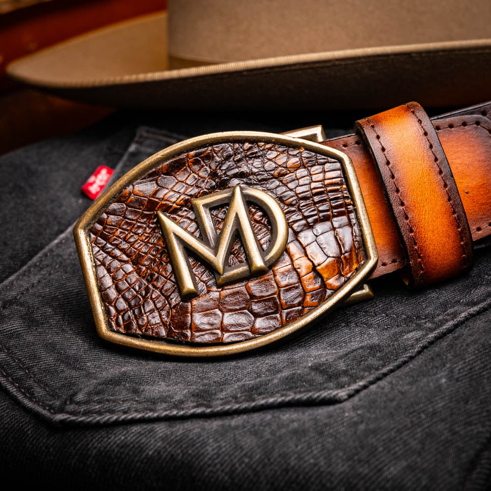 Marco Di Milano Montana Caiman Crocodile & Calfskin Belt Aged Brown