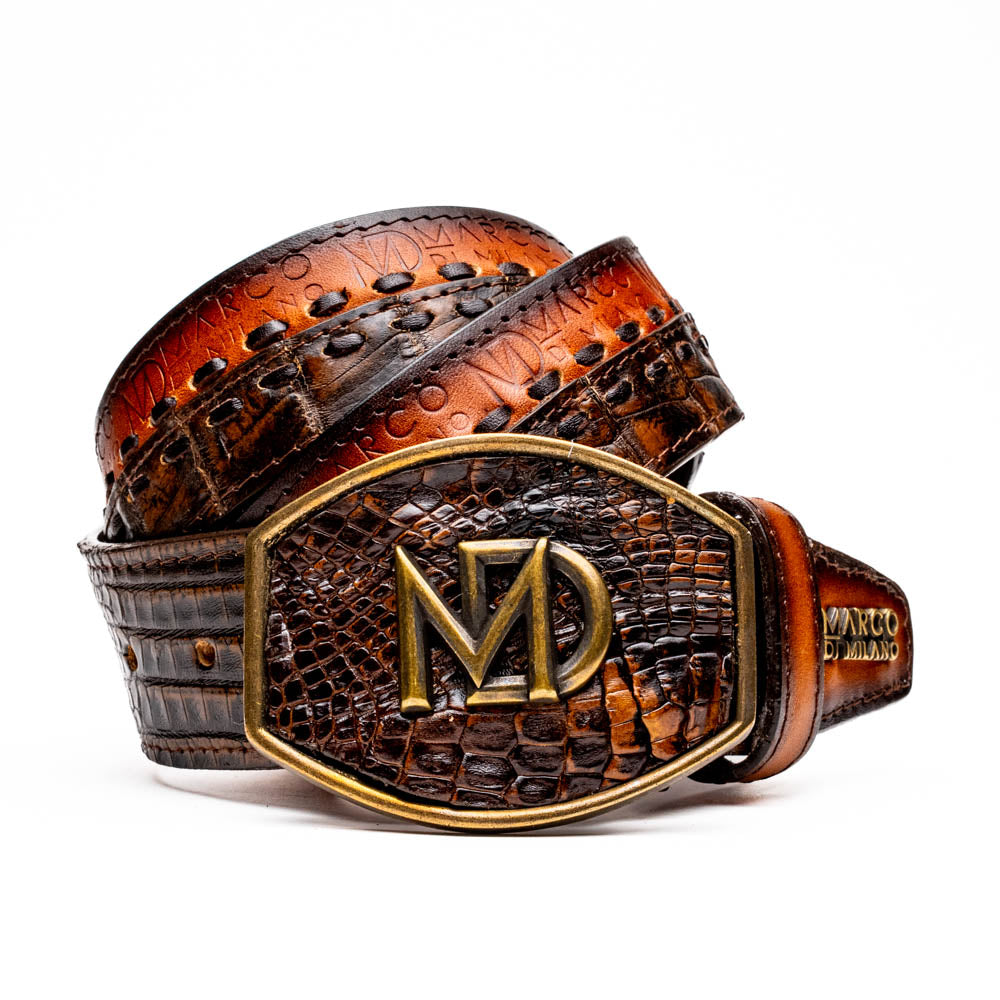 Marco Di Milano Montana Caiman Crocodile & Calfskin Belt Aged Brown