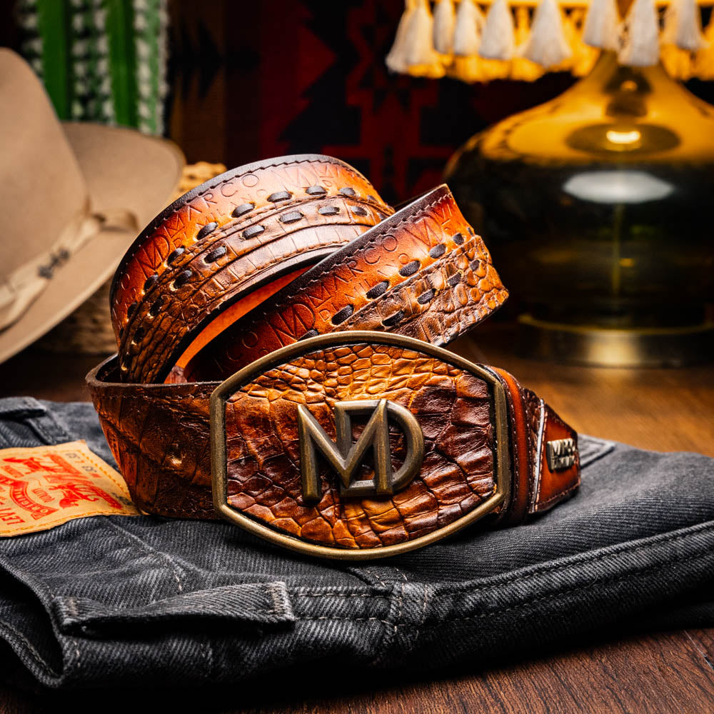 Marco Di Milano Montana Caiman Crocodile & Calfskin Belt Aged Maple
