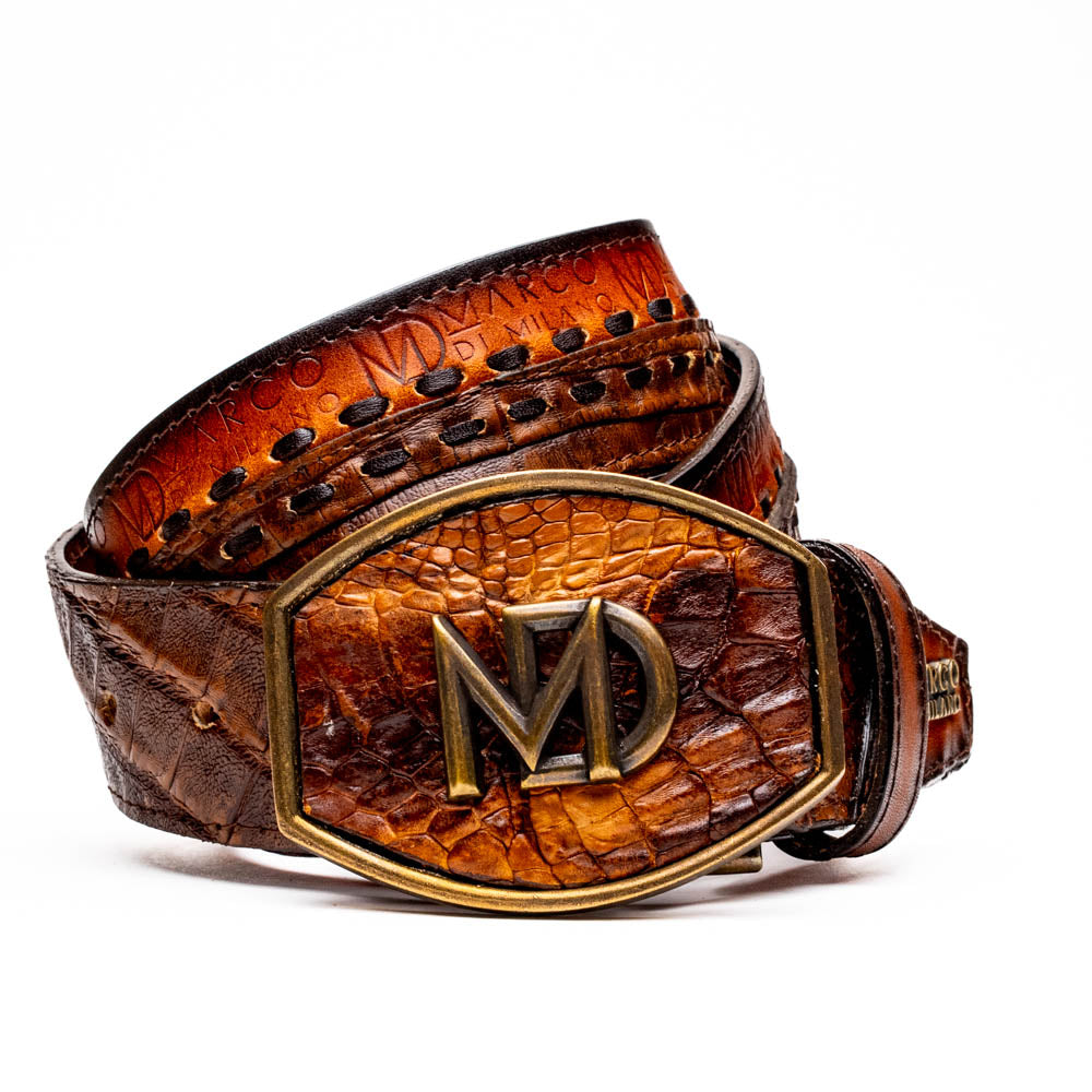 Marco Di Milano Montana Caiman Crocodile & Calfskin Belt Aged Maple