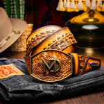 Marco Di Milano Montana Caiman Crocodile & Calfskin Belt Mustard / Brown