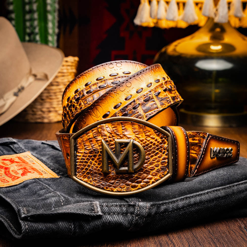 Marco Di Milano Montana Caiman Crocodile & Calfskin Belt Mustard / Brown