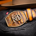 Marco Di Milano Montana Caiman Crocodile & Calfskin Belt Mustard / Brown