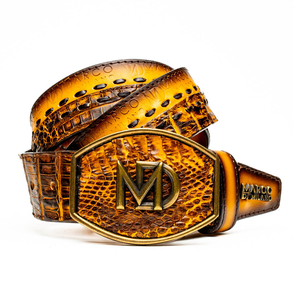 Marco Di Milano Montana Caiman Crocodile & Calfskin Belt Mustard / Brown