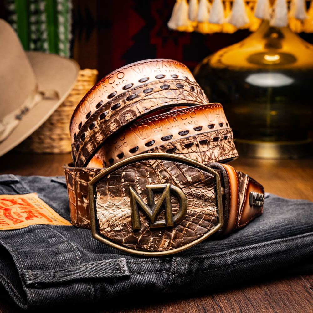 Marco Di Milano Montana Caiman Crocodile & Calfskin Belt Stone Brown