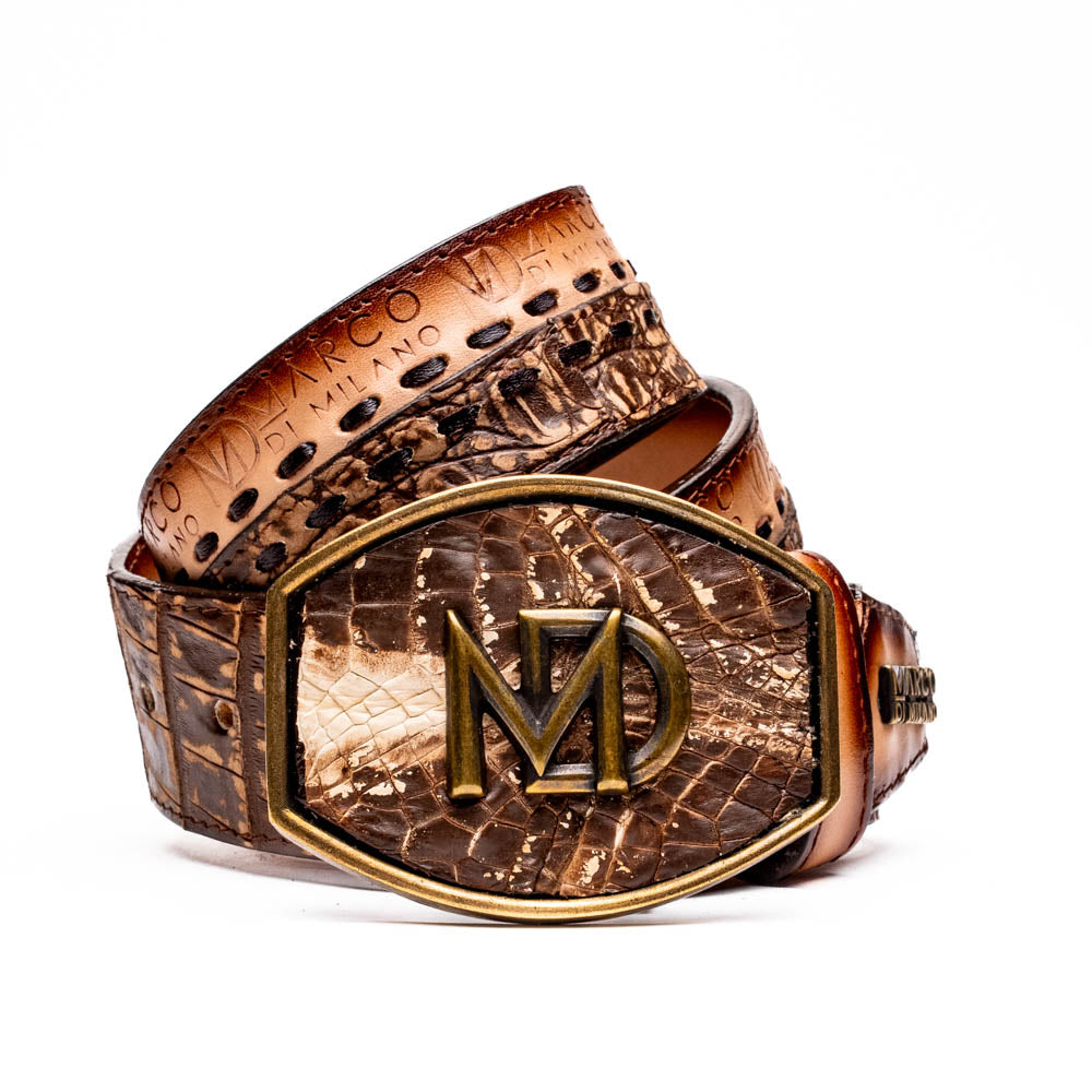 Marco Di Milano Montana Caiman Crocodile & Calfskin Belt Stone Brown