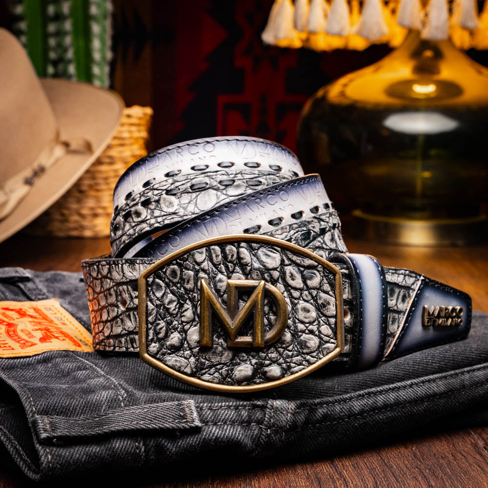 Marco Di Milano Montana Caiman Crocodile & Calfskin Belt Stone Gray