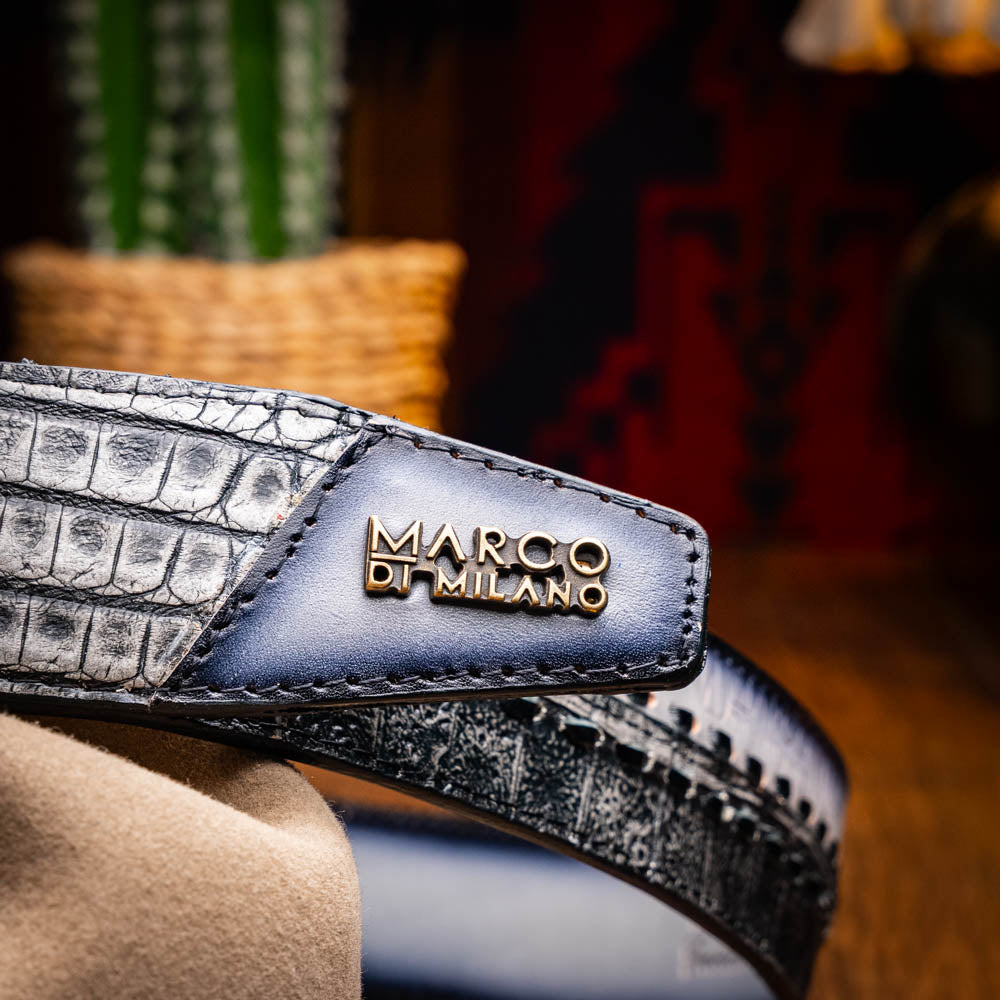Marco Di Milano Montana Caiman Crocodile & Calfskin Belt Stone Gray