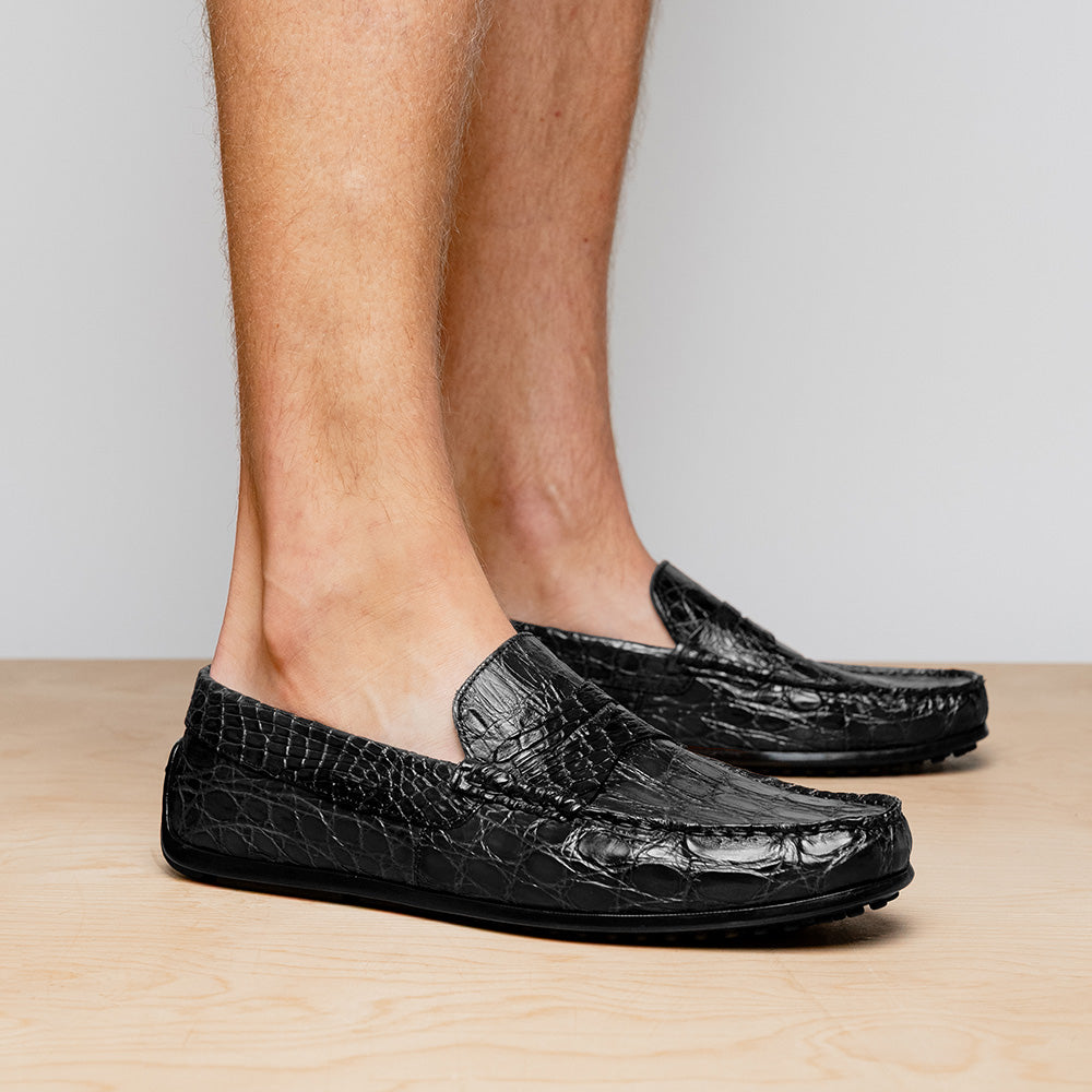 モモ Zelli Monza Caiman Crocodile Driving Loafers Black