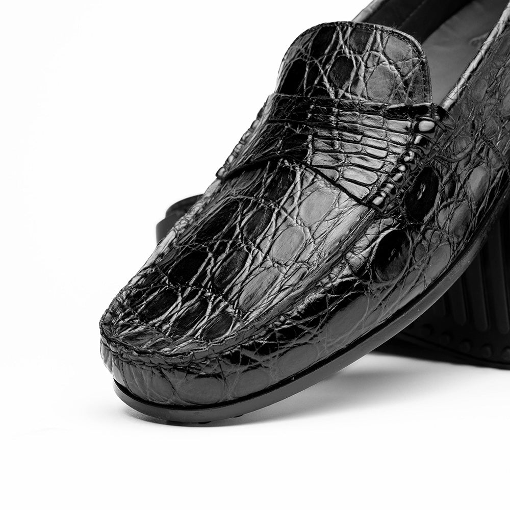 モモ Zelli Monza Caiman Crocodile Driving Loafers Black