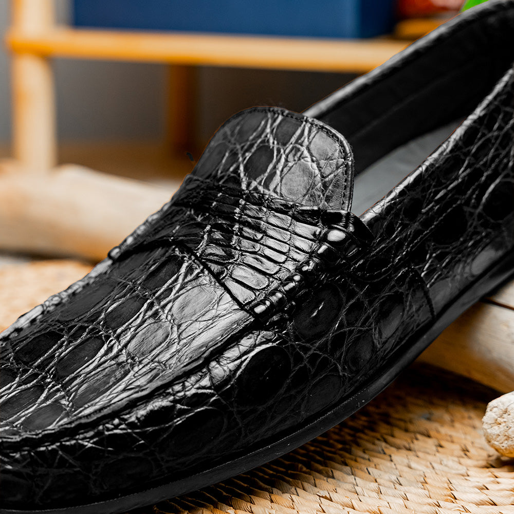 Zelli Monza Caiman Crocodile Driving Loafers Black