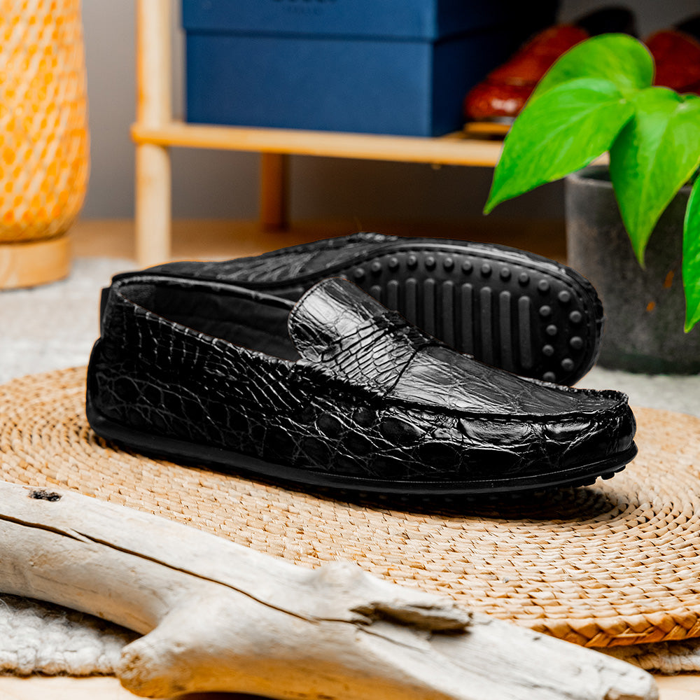 Zelli Monza Caiman Crocodile Driving Loafers Black