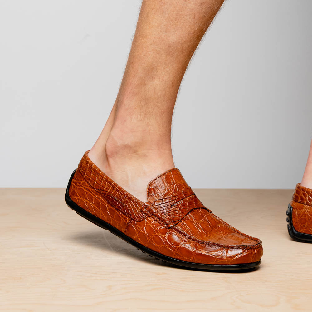 Zelli Monza Caiman Crocodile Driving Loafers Cognac