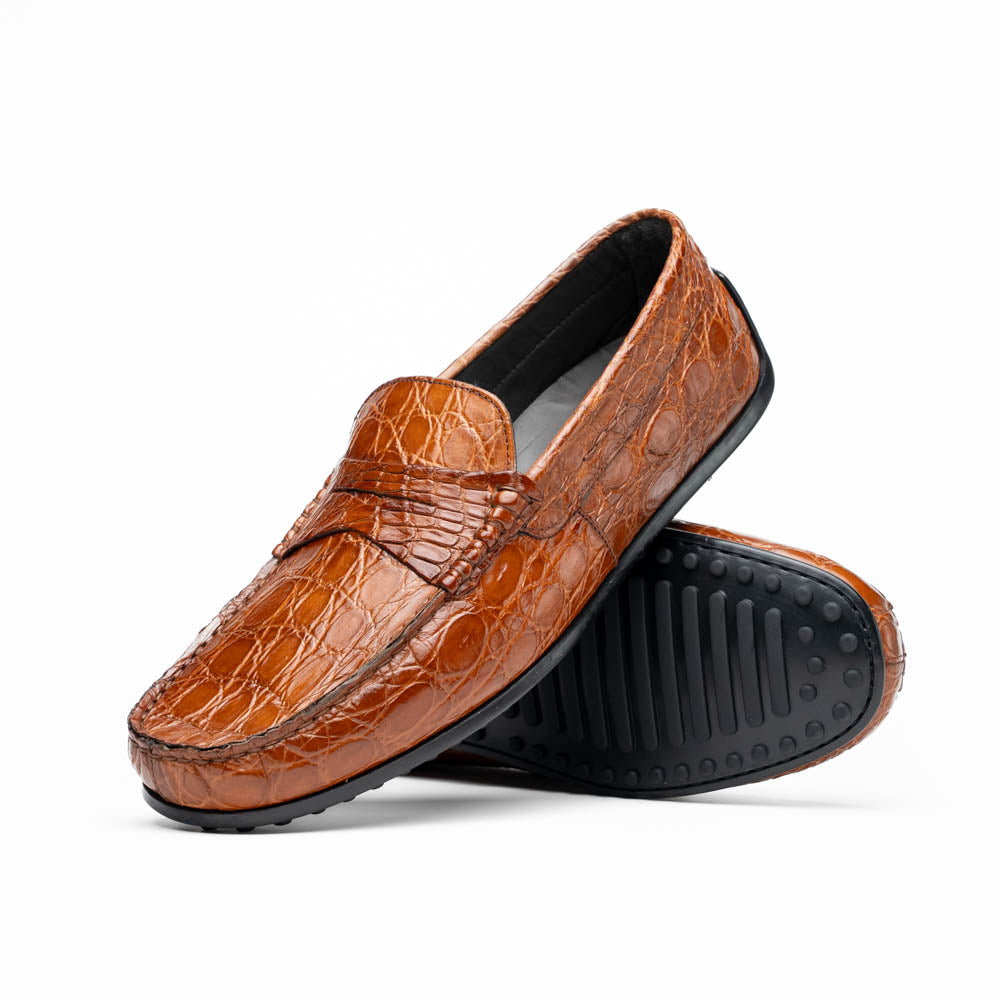 Zelli Monza Caiman Crocodile Driving Loafers Cognac