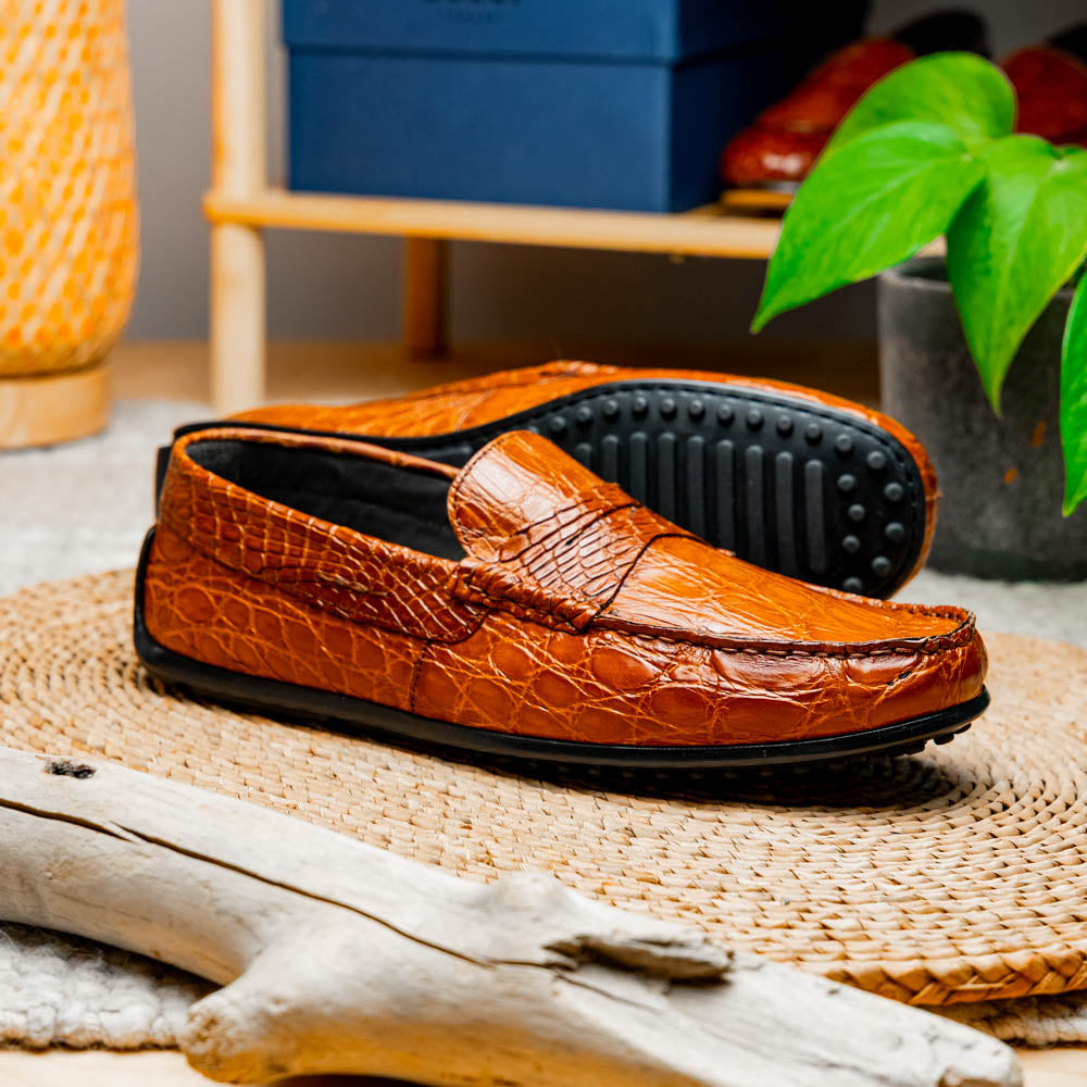 ルイ・フランセン Zelli Monza Caiman Crocodile Driving Loafers Cognac