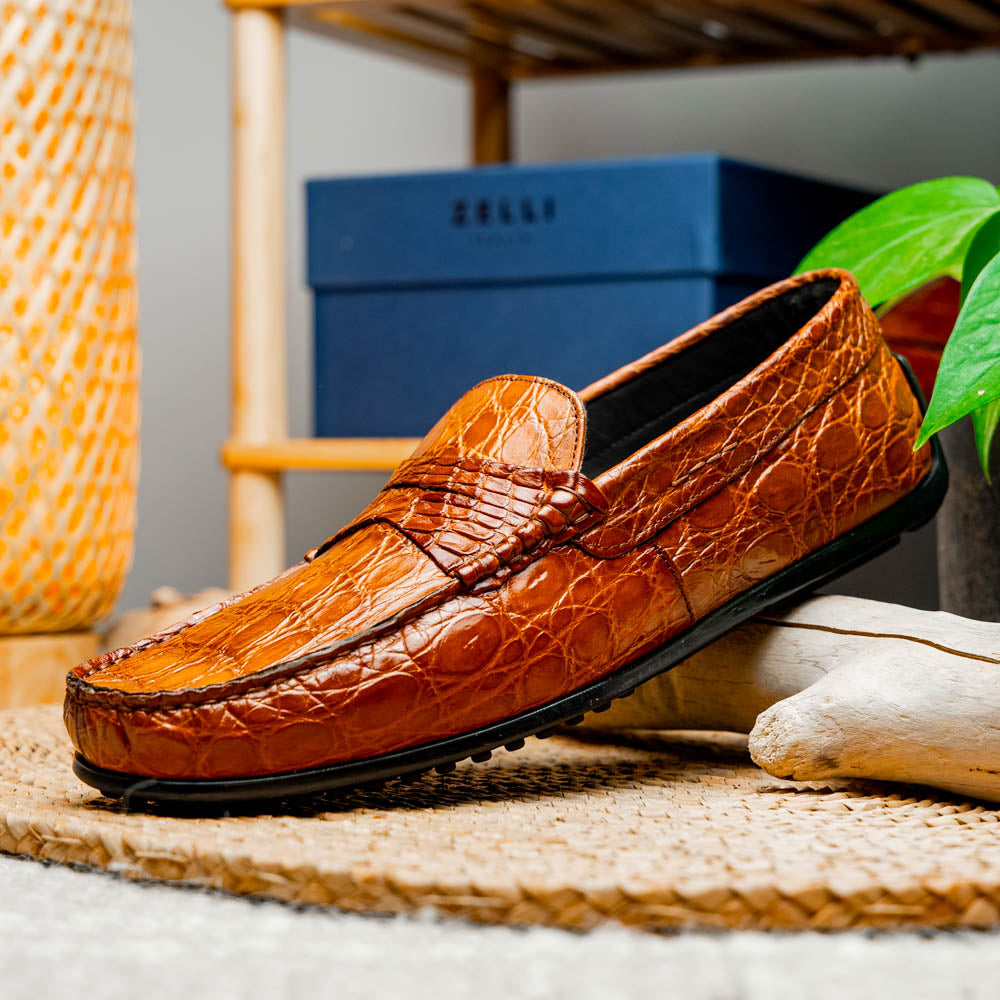 Zelli Monza Caiman Crocodile Driving Loafers Cognac