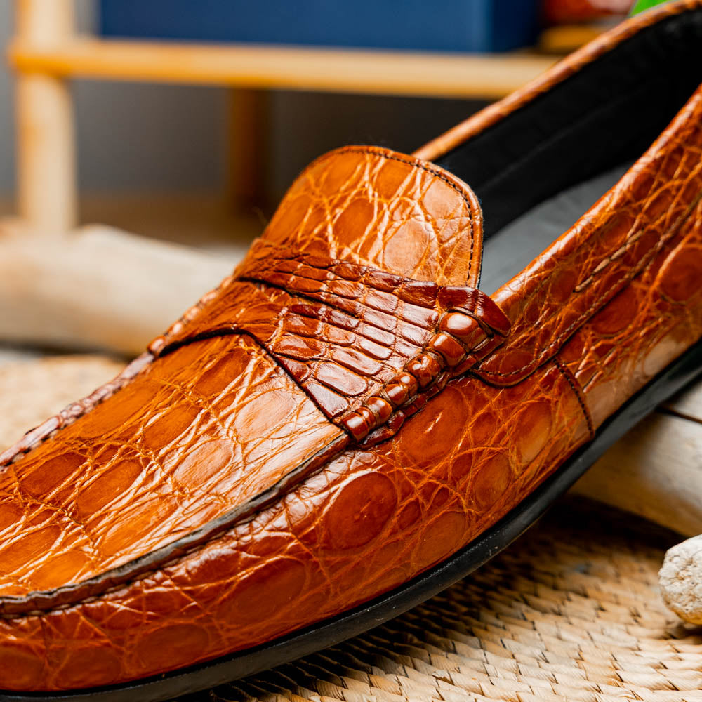 Zelli Monza Caiman Crocodile Driving Loafers Cognac