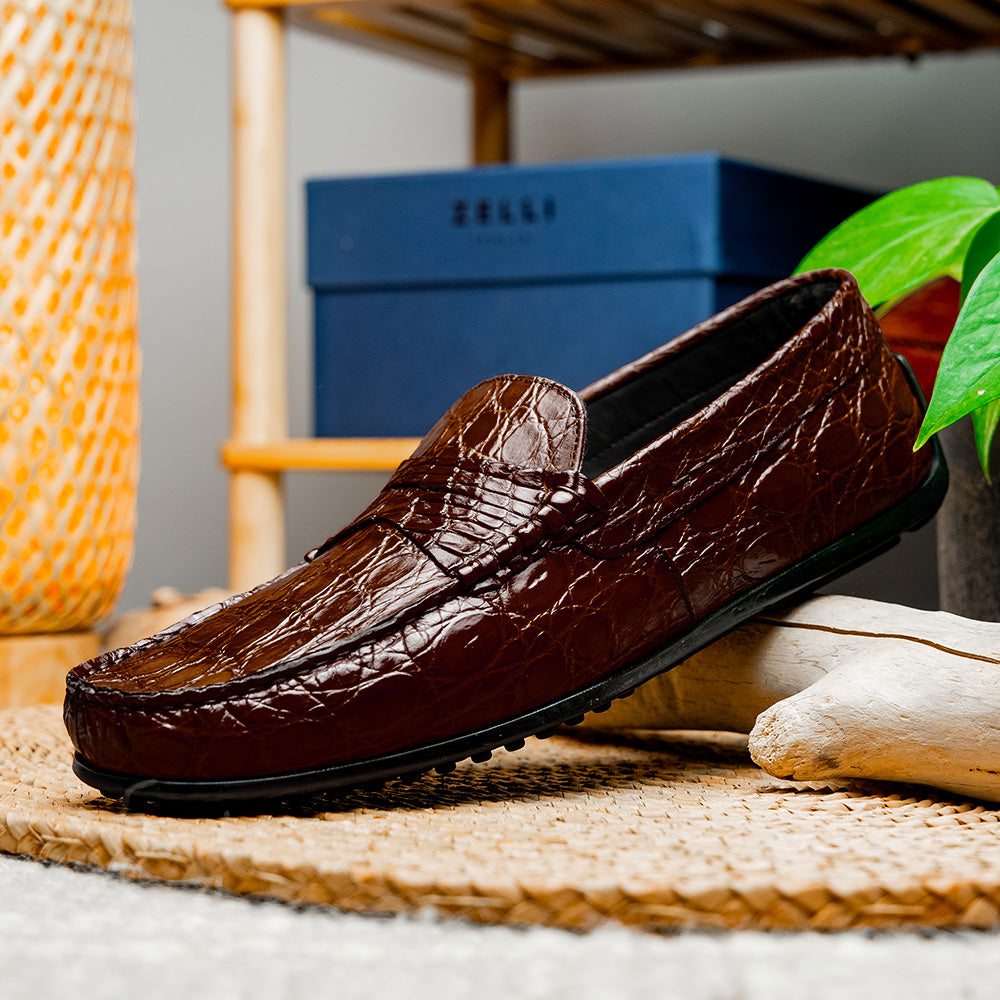 Zelli Monza Caiman Crocodile Driving Loafers Nicotine
