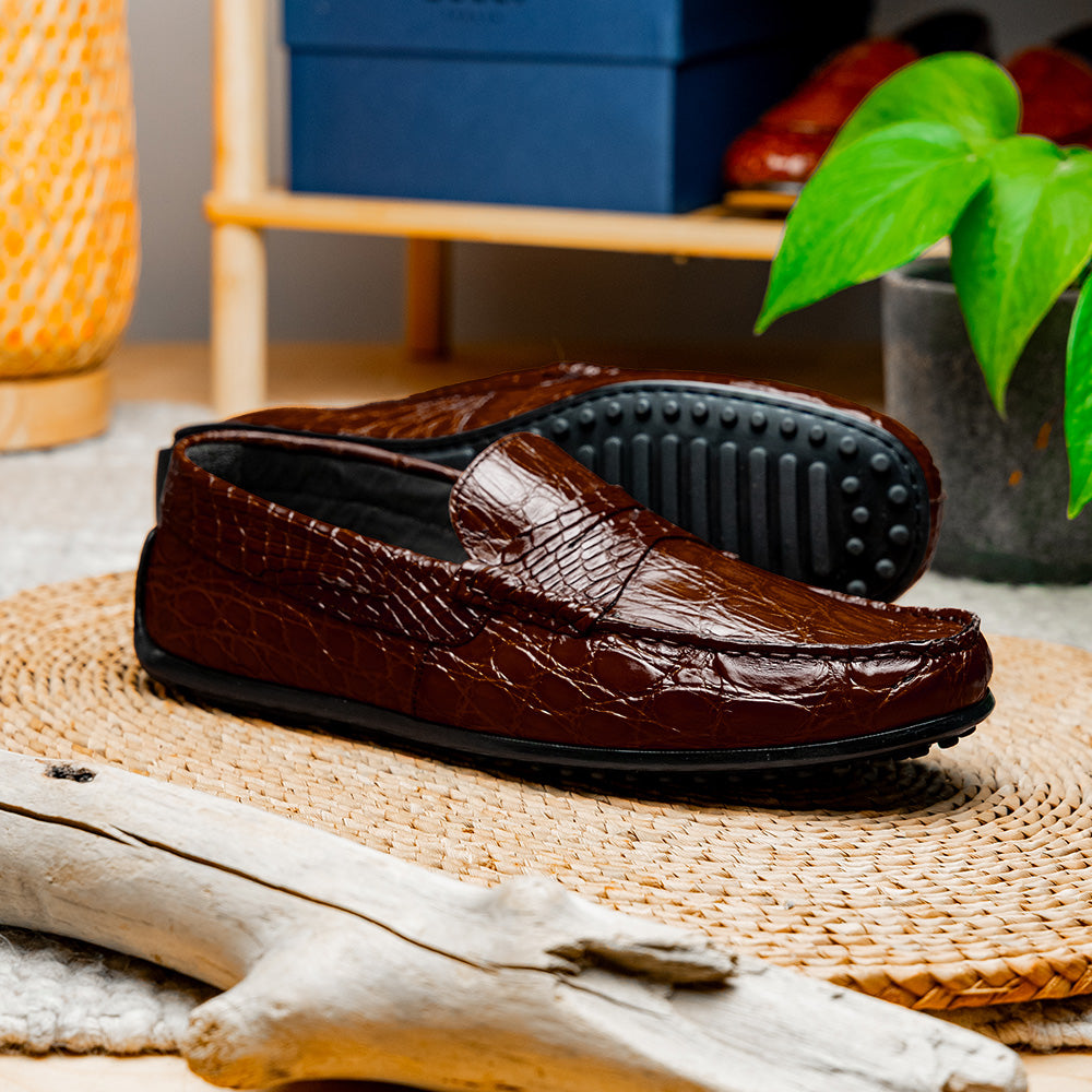 Zelli Monza Caiman Crocodile Driving Loafers Nicotine