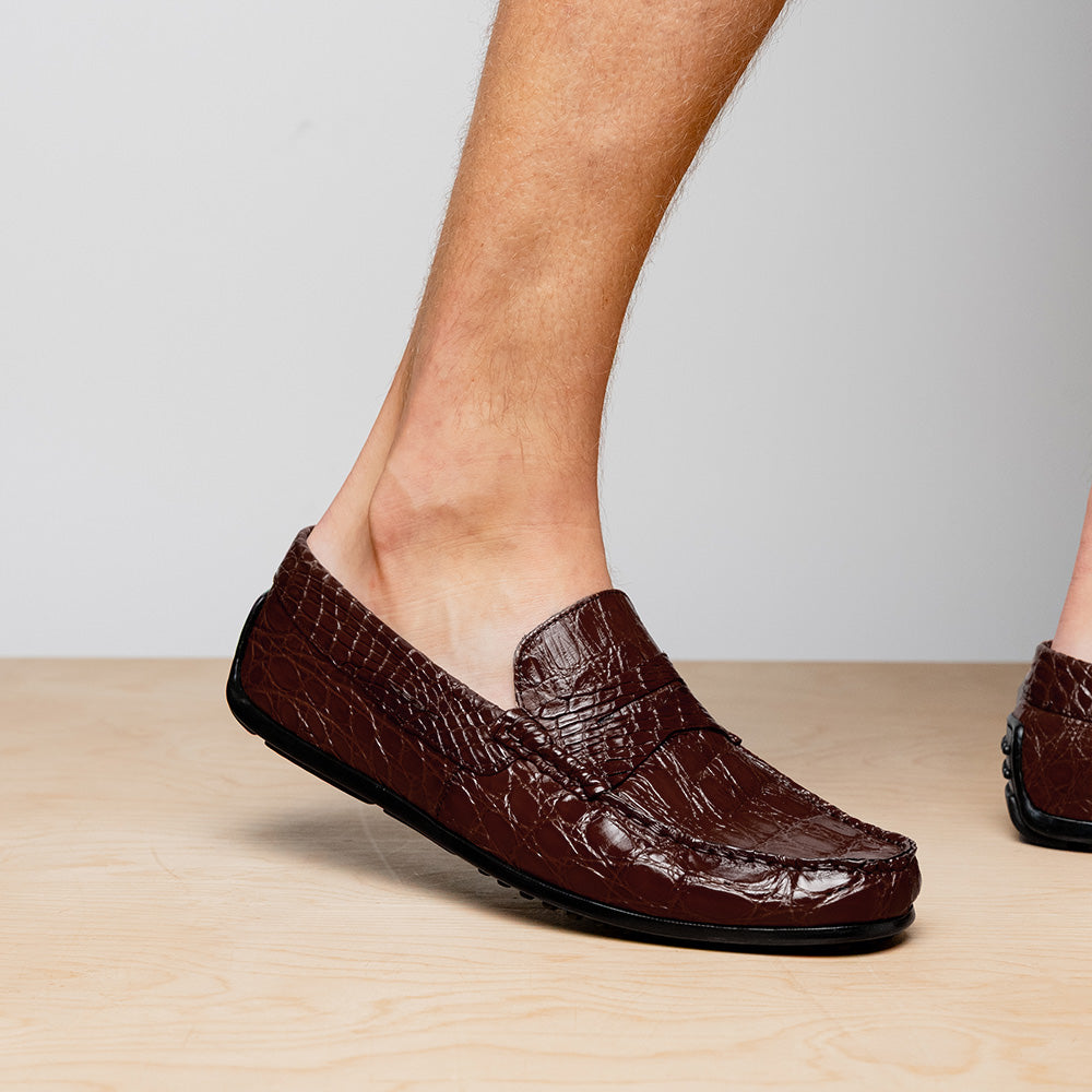 【GRANCY】l Plate Leather Shoes Zelli Monza Caiman Crocodile Driving Loafers Nicotine