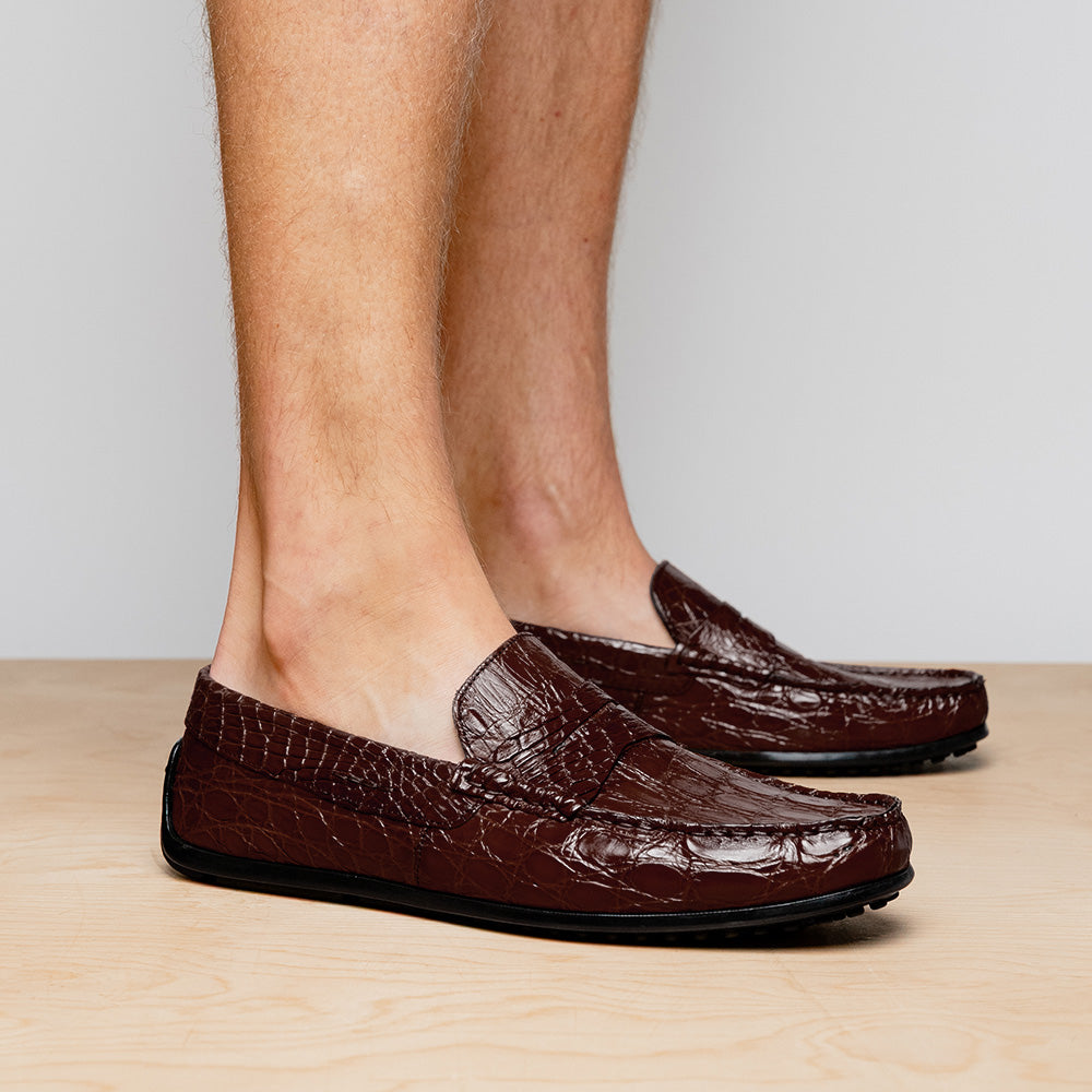 Zelli Monza Caiman Crocodile Driving Loafers Nicotine