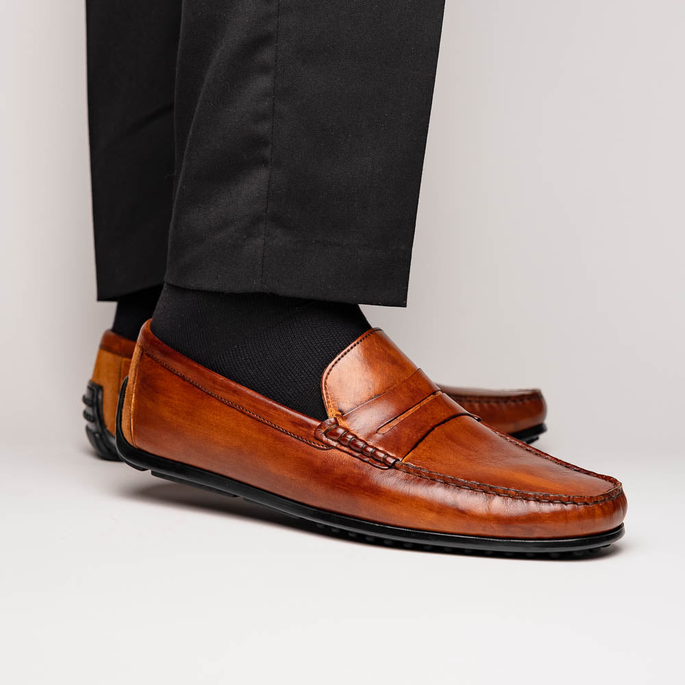 Zelli Monza Hand Burnished Italian Calfskin Driving Loafers Cognac