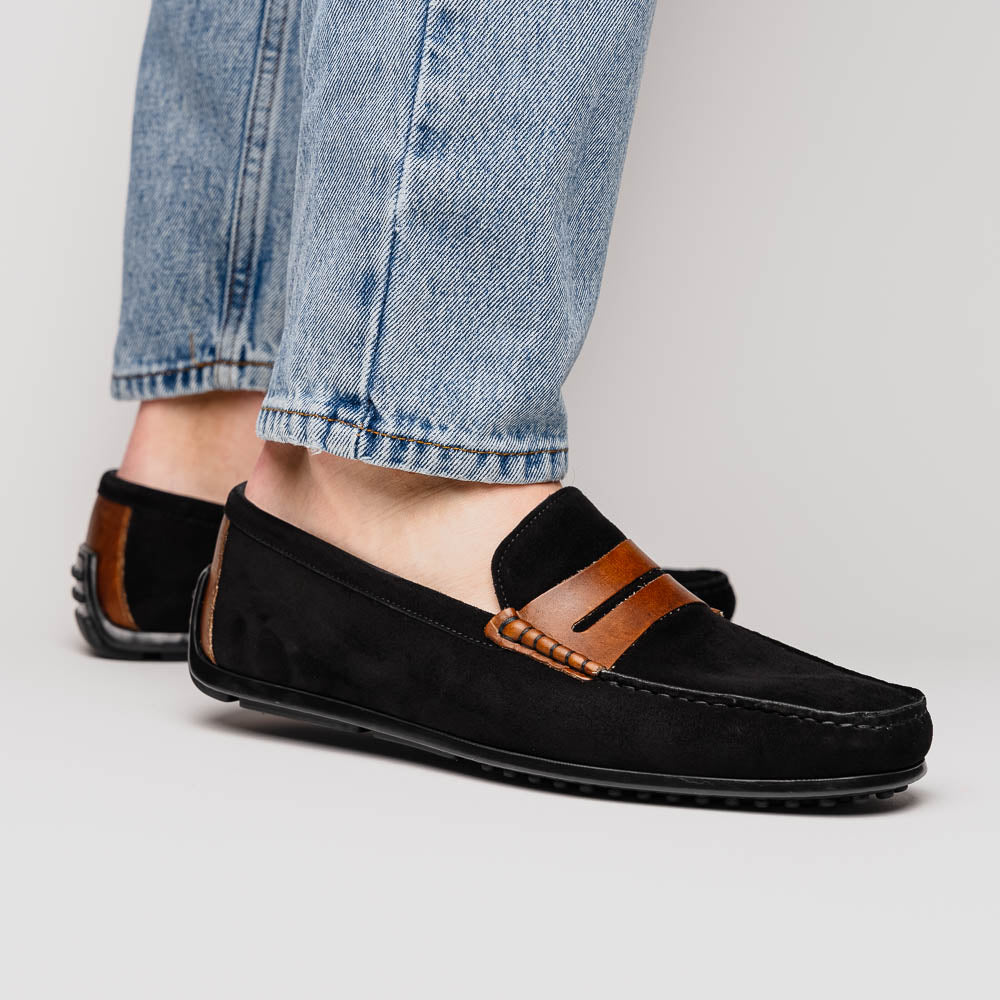 Zelli Monza Suede & Calfskin Driving Loafers Black / Chestnut (36-300-BLK)