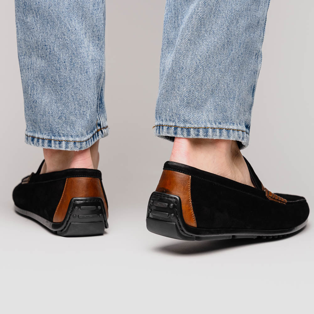 Zelli Monza Suede & Calfskin Driving Loafers Black / Chestnut (36-300-BLK)