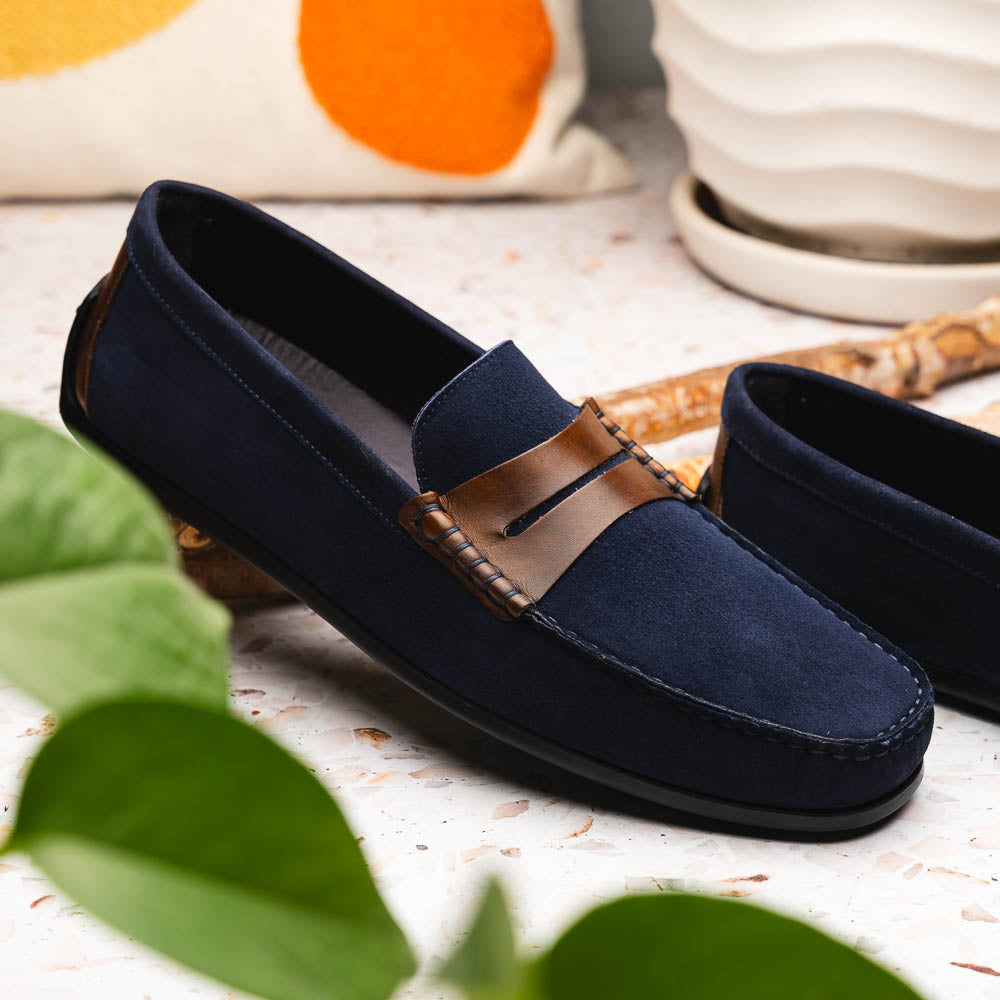 Zelli Monza Suede & Calfskin Driving Loafers Navy / Chestnut (36-300-NVY)