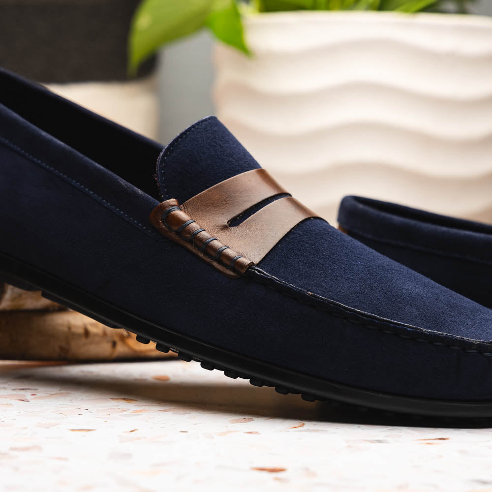 Zelli Monza Suede & Calfskin Driving Loafers Navy / Chestnut (36-300-NVY)