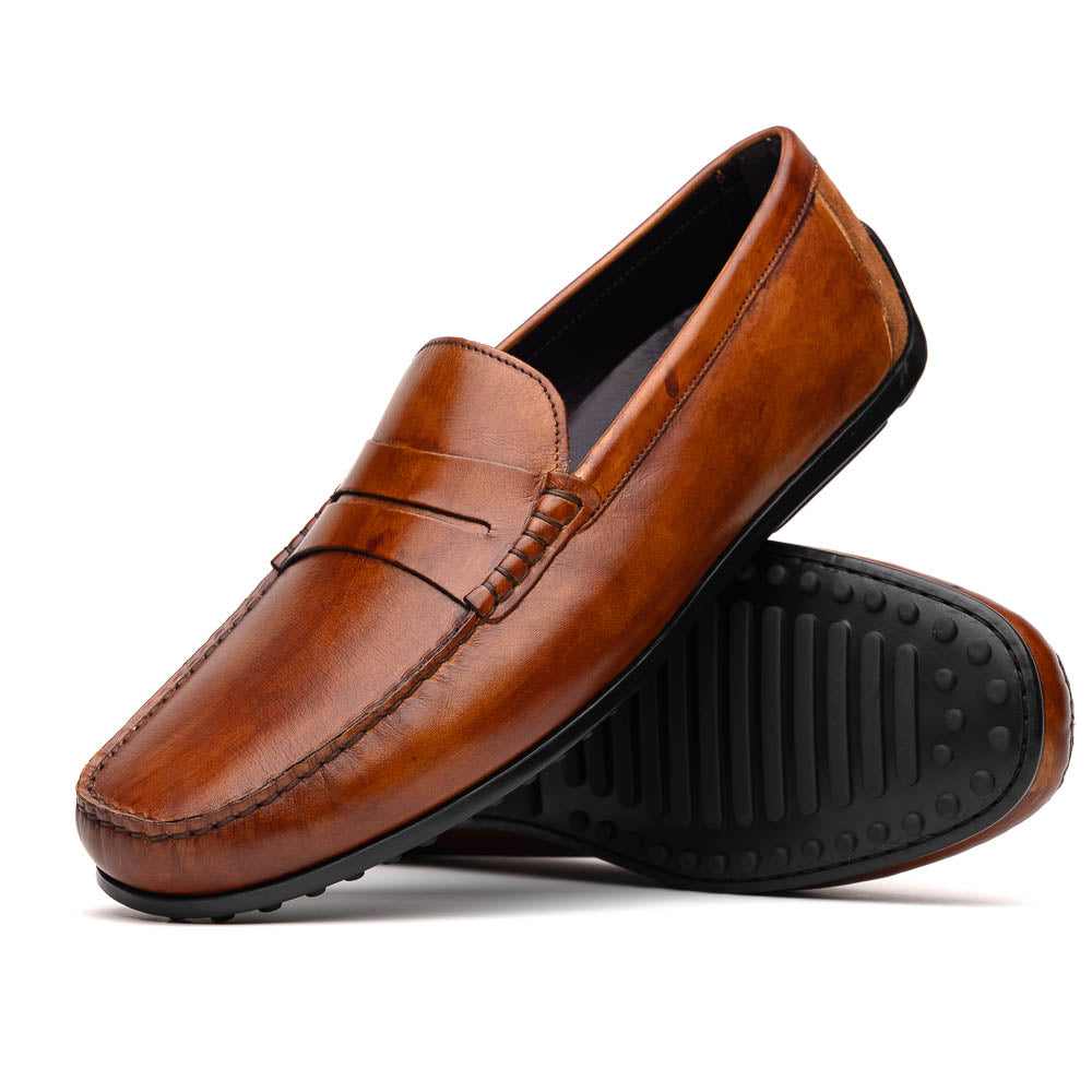 Zelli Monza Hand Burnished Italian Calfskin Driving Loafers Cognac