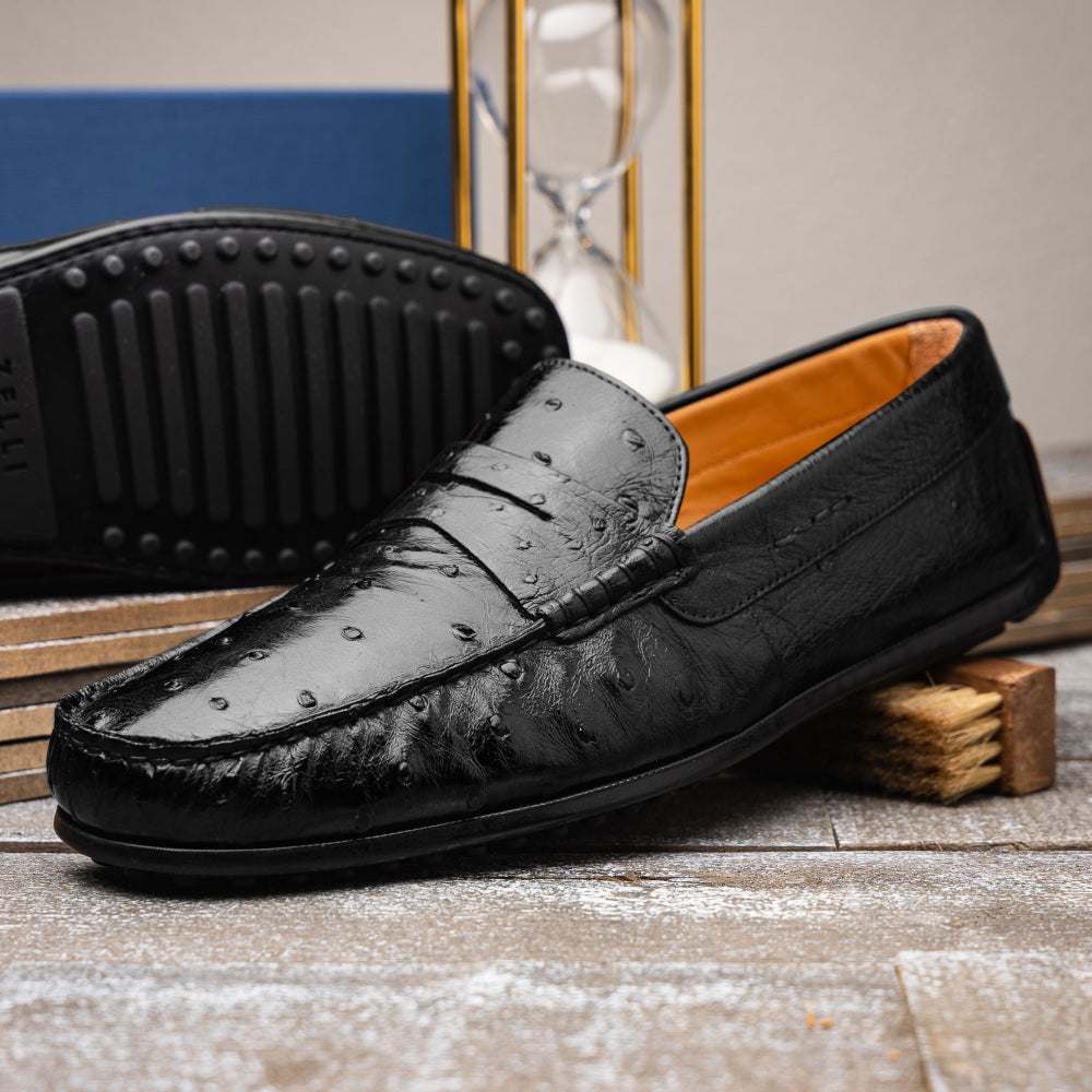 Zelli Monza Ostrich Quill Driving Loafers Black