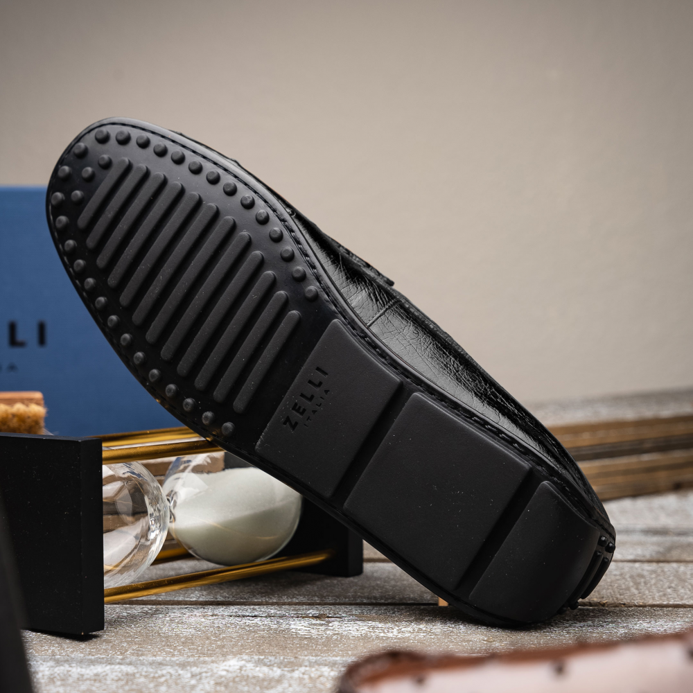 【ユキト 様MAGINE DIRECT SEMI VEGI W RIDERS羊革 Zelli Monza Ostrich Quill Driving Loafers Black | MensDesignerShoe.com